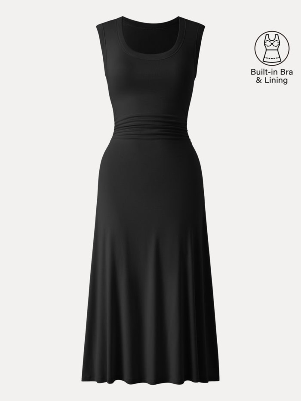 OGL Scoop Neck Side Ruched New Airy Bra Midi Dress size Medium in Black. NWT